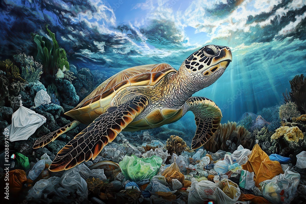 Fototapeta premium Majestic Sea Turtle Swimming Through Ocean Pollution Surrounded by Colorful Coral and Marine Life Beneath a Bright Blue Sky and Shimmering Waves