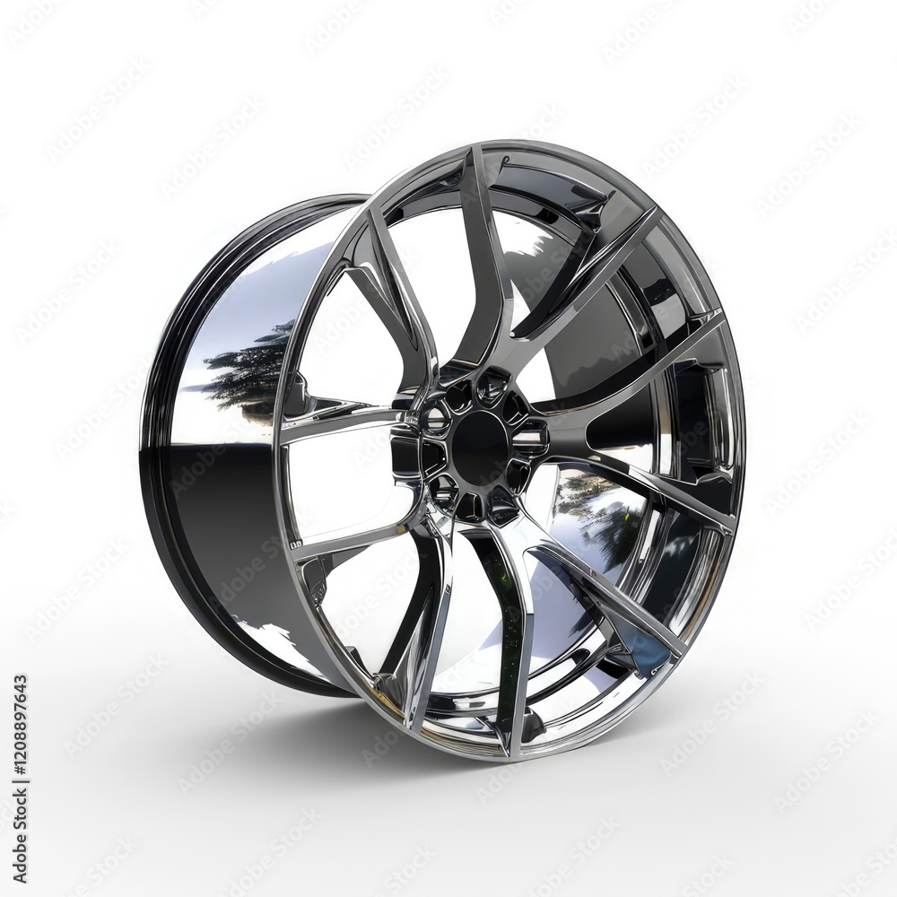 Obraz premium A shiny, modern alloy wheel showcasing a sleek design for automotive use. isolated on white background