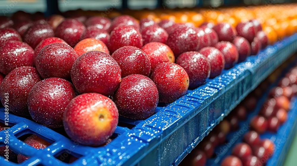 Freshly harvested apples displayed on blue crates in a market setting. Freshly harvested apples displayed on blue crates in a market setting.