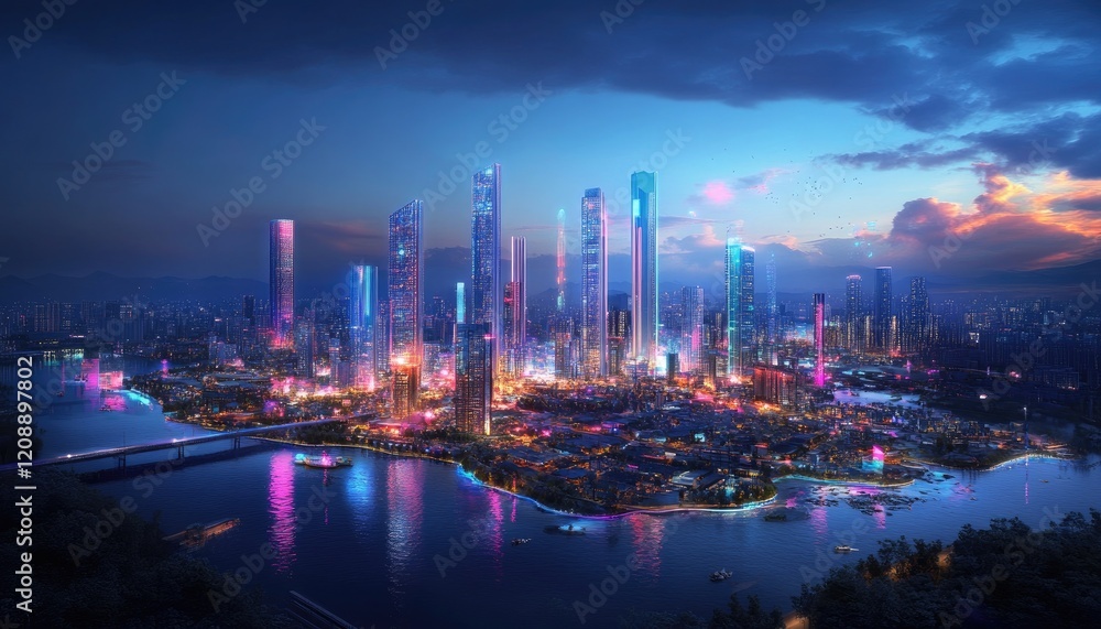 Futuristic Cityscape: Night Lights Glimmer Futuristic Cityscape: Night Lights Glimmer