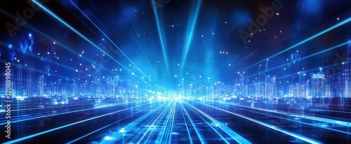Futuristic Cityscape with Glowing Neon Lights and Radiating Laser Beams in a Digital Environment Filled with Stars and Abstract Elements