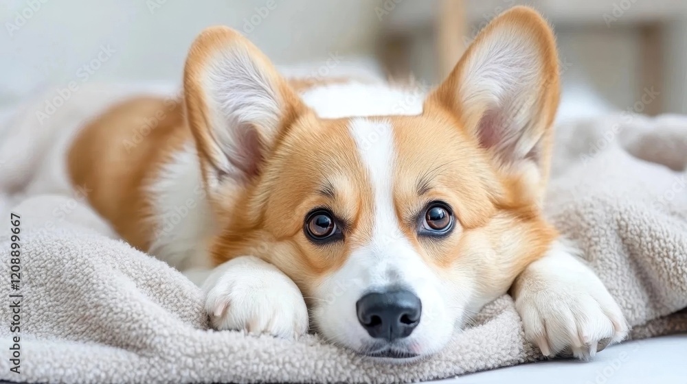 A cute Corgi lies on a soft blanket, with a gentle expression and large ears, creating a cozy and inviting atmosphere. A cute Corgi lies on a soft blanket, with a gentle expression and large ears, creating a cozy and inviting atmosphere.