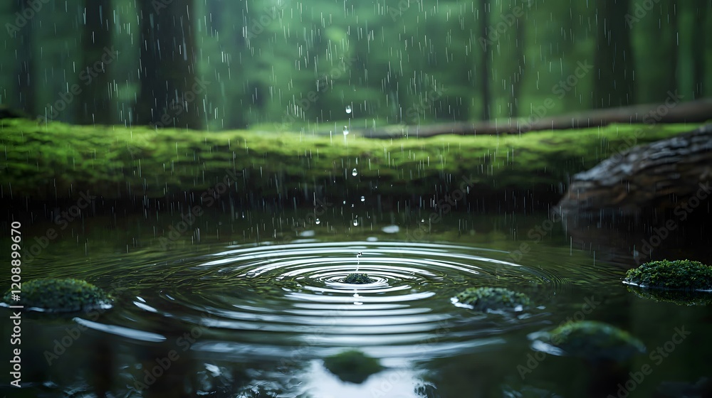Serene Forest Pond Under Gentle Rain with Water Droplets Creating Ripples on the Surface Serene Forest Pond Under Gentle Rain with Water Droplets Creating Ripples on the Surface