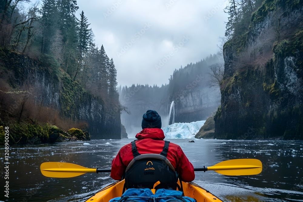 A person kayaking in the middle of an icy river, surrounded by towering cliff and misty waterfall. A person kayaking in the middle of an icy river, surrounded by towering cliff and misty waterfall.