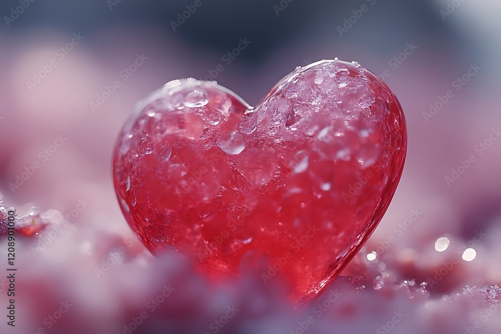 Frozen red heart on snowy surface.