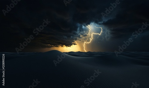 A vast desert landscape at night, with a powerful thunderstorm in the distance, lightning illuminating the barren terrain, casting long shadows across the sand dunes  photo