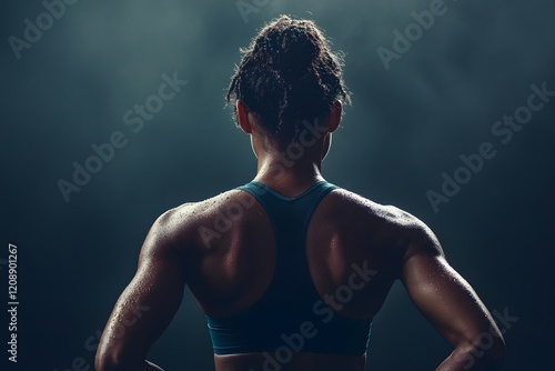 A woman in athletic wear, her back turned towards the camera with sweat glistening on it. The background is dark and moody, creating an atmosphere of determination or strength