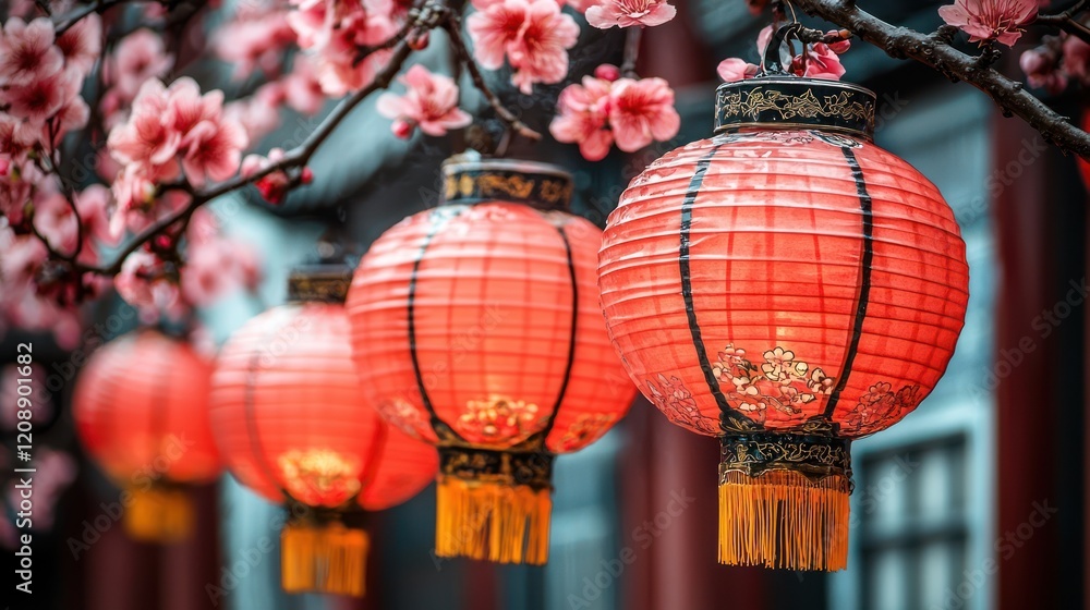 Obraz premium Vibrant red lanterns adorned with floral elements, symbolizing celebration and culture.