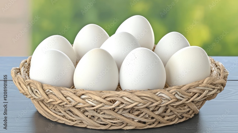 A rustic basket filled with fresh, white eggs on a wooden table. A rustic basket filled with fresh, white eggs on a wooden table.