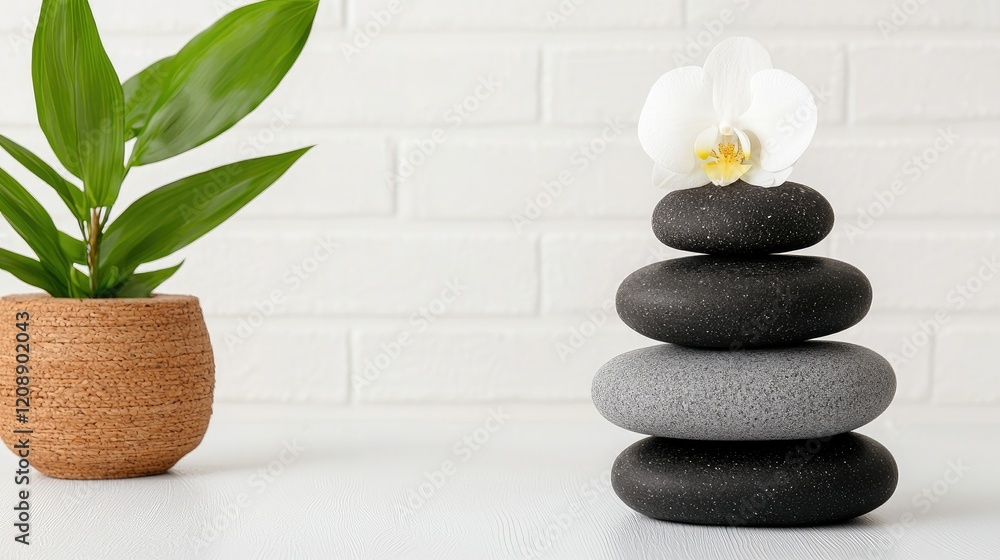 Obraz premium A serene arrangement of stacked stones and a white orchid in a cozy interior setting.