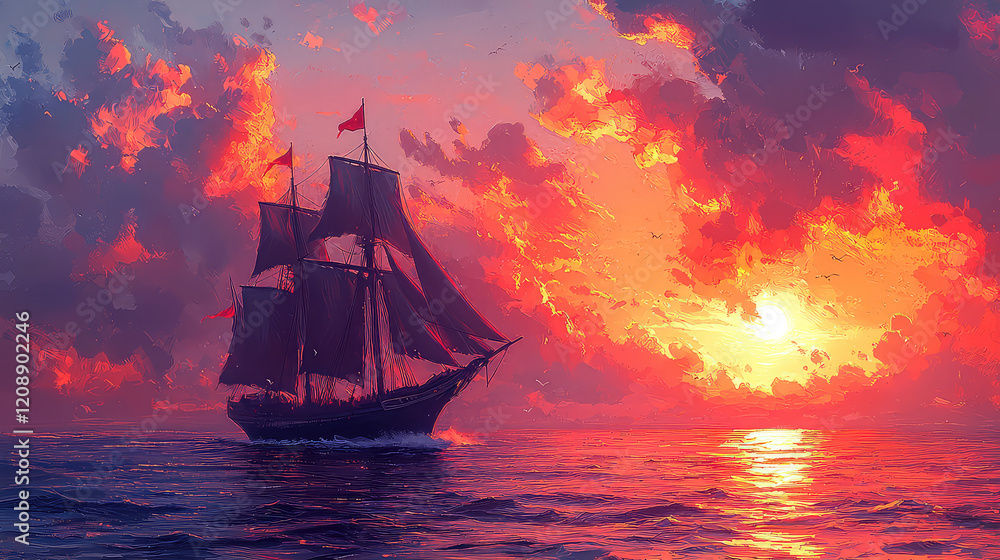Fototapeta premium A majestic sailing ship glides across a dramatic ocean at sunset, fiery clouds fill the sky.