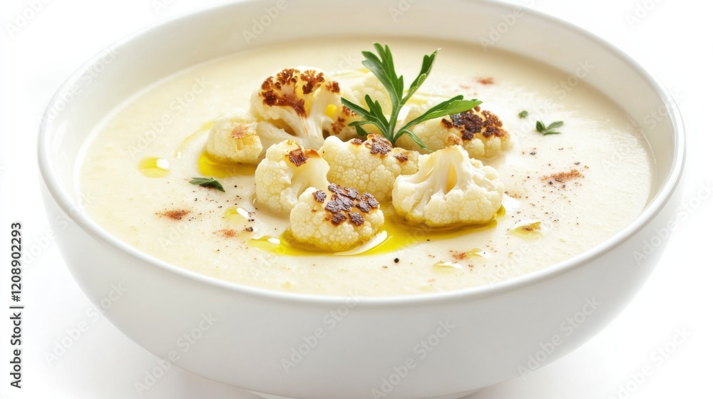 A bowl of creamy cauliflower soup garnished with roasted cauliflower florets and a drizzle of olive oil, Its rich aroma and velvety texture enticingly displayed A bowl of creamy cauliflower soup garnished with roasted cauliflower florets and a drizzle of olive oil, Its rich aroma and velvety texture enticingly displayed