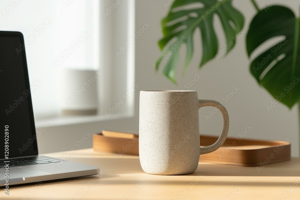 Laptop and Coffee Mug on a Wooden Desk with Monstera Plant Laptop and Coffee Mug on a Wooden Desk with Monstera Plant