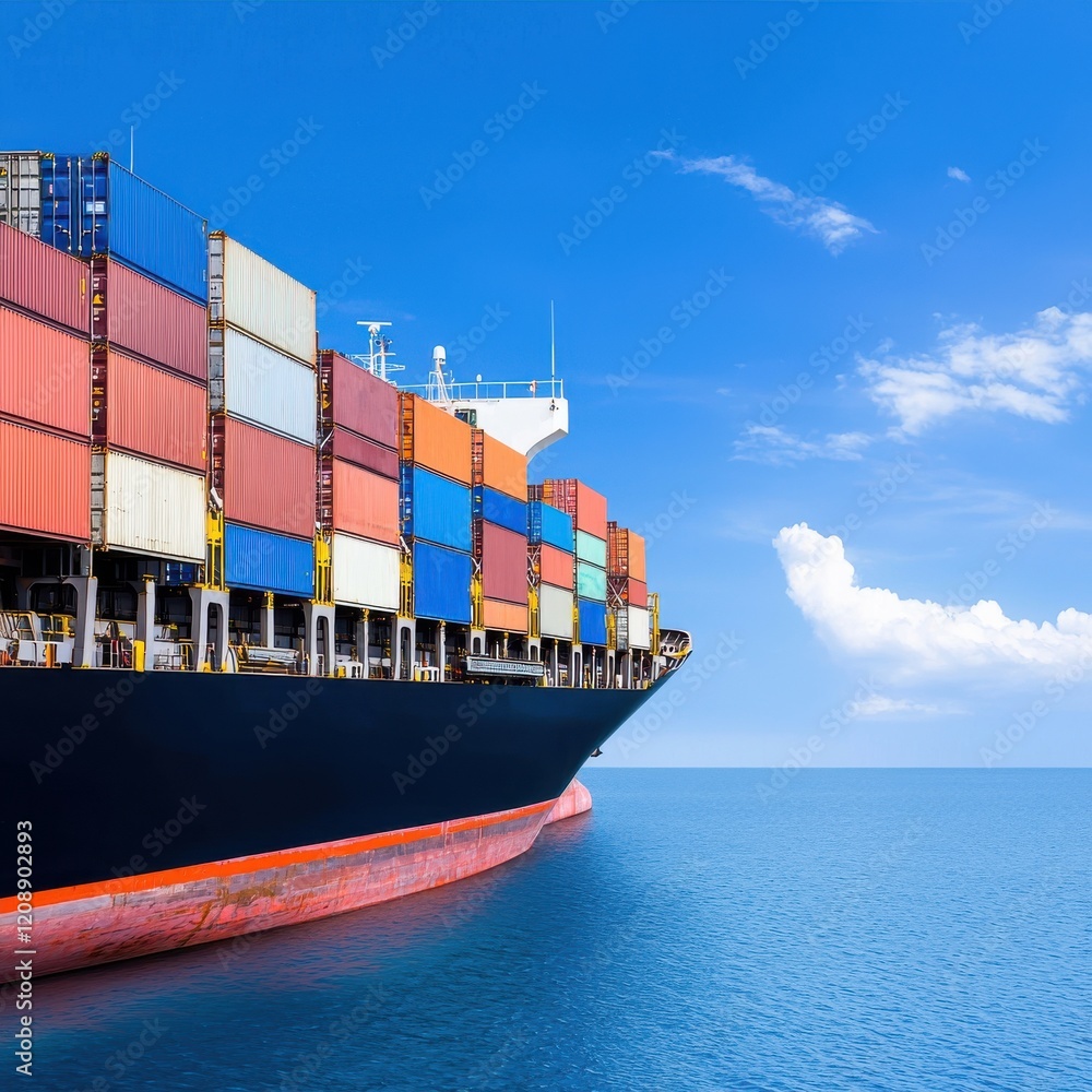 Fototapeta premium logistics cargo shipping cost-effective concept. Container ship in calm waters under a clear blue sky, loaded with colorful freight.