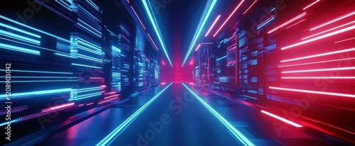 Futuristic tunnel with glowing neon lights in blue and red colors, creating a dynamic and vibrant atmosphere for a sci-fi or technology theme