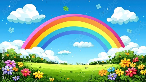A vibrant landscape featuring a rainbow, fluffy clouds, and colorful flowers in a sunny sky.