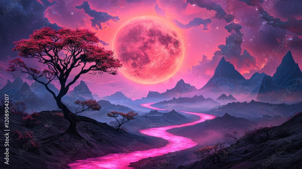 Enchanted Landscape at Night with Vibrant Moon and River in Surreal Colorful World Enchanted Landscape at Night with Vibrant Moon and River in Surreal Colorful World