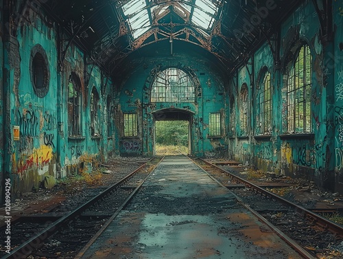 Abandoned train station interior slung derelict forsaken outcast photo