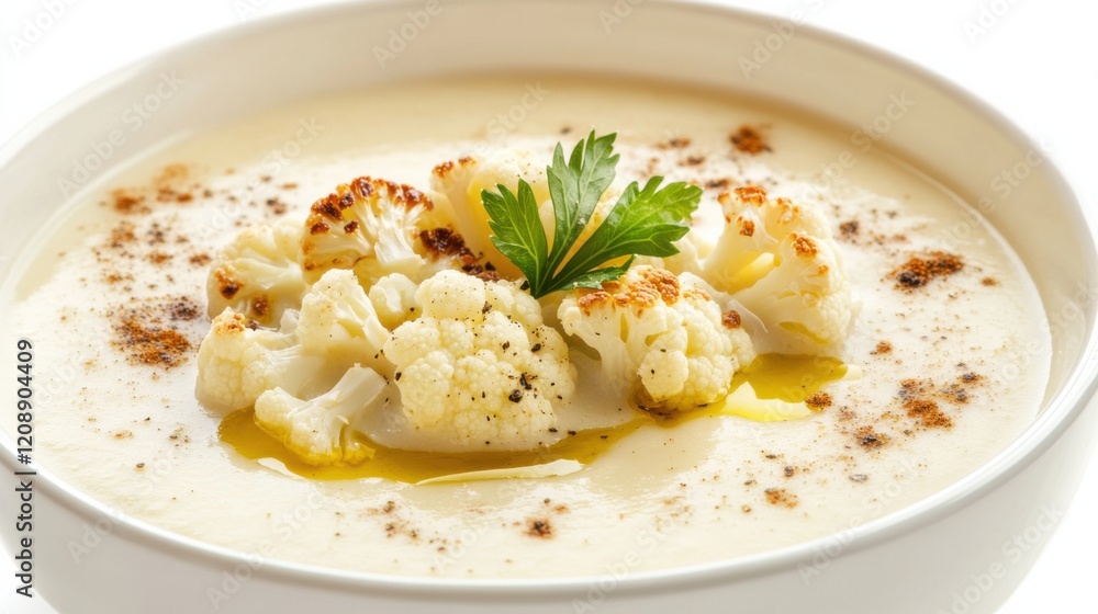 A bowl of creamy cauliflower soup garnished with roasted cauliflower florets and a drizzle of olive oil, Its rich aroma and velvety texture enticingly displayed A bowl of creamy cauliflower soup garnished with roasted cauliflower florets and a drizzle of olive oil, Its rich aroma and velvety texture enticingly displayed