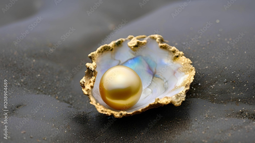 A glowing golden pearl resting inside a sleek, black seashell, illuminated by dramatic lighting against a dark background, golden and pearl sea, Generative AI A glowing golden pearl resting inside a sleek, black seashell, illuminated by dramatic lighting against a dark background, golden and pearl sea, Generative AI