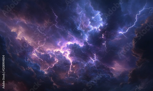 A dramatic scene of lightning striking across a dark stormy sky, with jagged bolts illuminating the clouds in bright white and purple flashes, creating a sense of power and energy.  photo