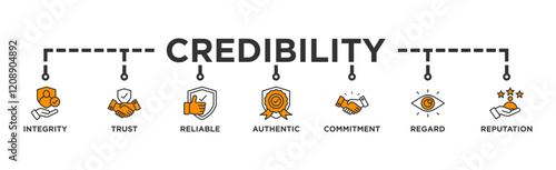 Credibility banner web icon illustration concept with icon of integrity, trust, reliable, authentic, commitment, regard, and reputation