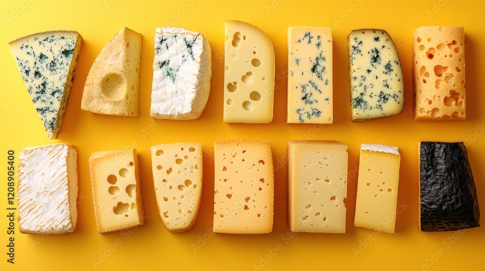 A vibrant assortment of various cheeses arranged on a yellow background. A vibrant assortment of various cheeses arranged on a yellow background.
