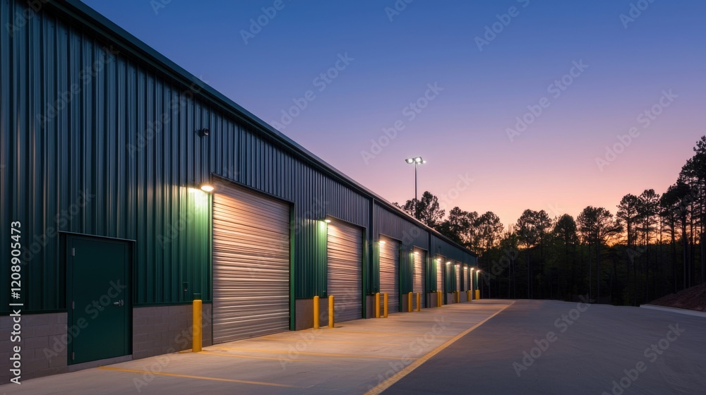 Shipping distribution warehouse. Modern storage facility at dusk with illuminated entries and trees in the background. Shipping distribution warehouse. Modern storage facility at dusk with illuminated entries and trees in the background.