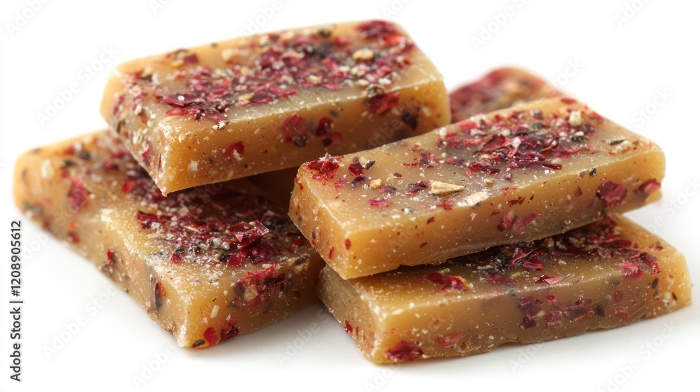 A stack of colorful, textured candy pieces with a mix of herbs or spices on top. A stack of colorful, textured candy pieces with a mix of herbs or spices on top.