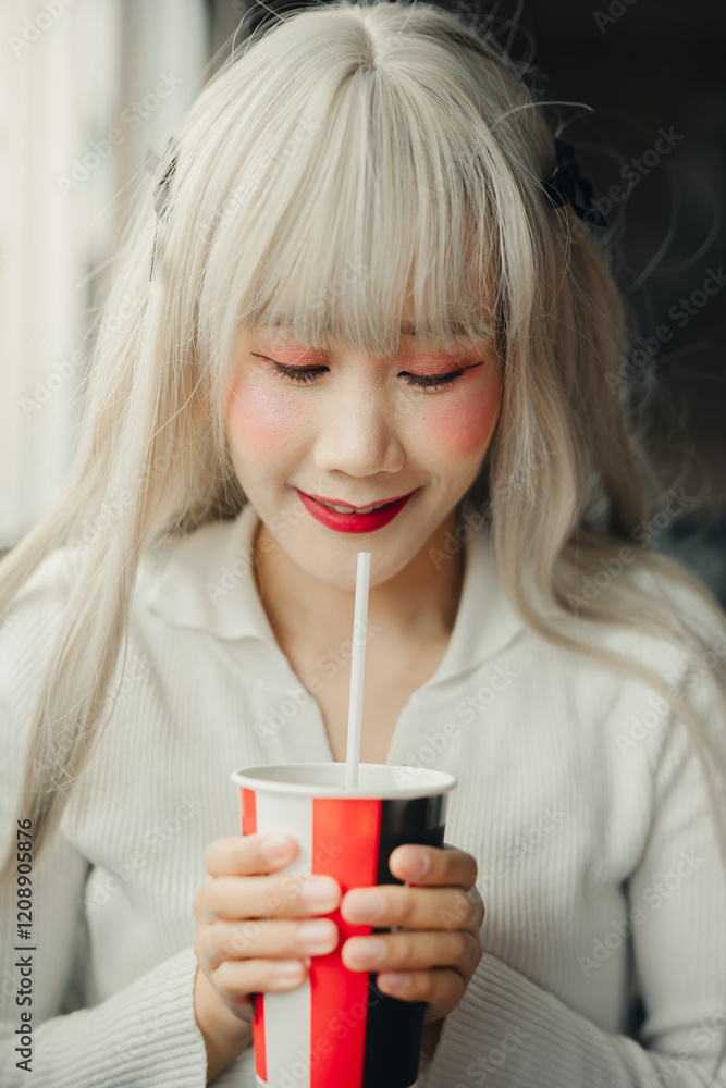 young woman with long, light hair enjoys drink in cozy setting young woman with long, light hair enjoys drink in cozy setting