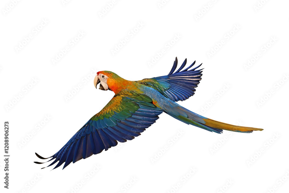 Fototapeta premium Colorful flying Camelot Macaw parrot isolated on transparent background png file