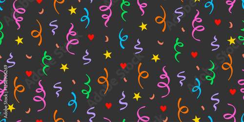 Cute heart confetti pattern background. Birthday decoration confetti, heart element cute seamless pattern. Childish color abstract decoration element background. Vector illustration.