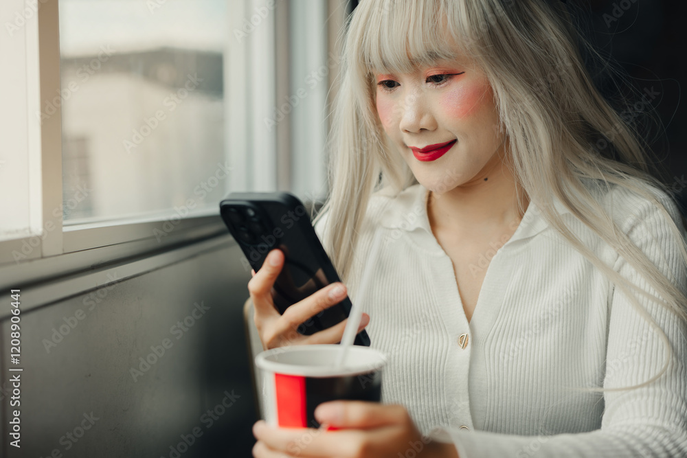 woman with long white hair enjoys drink while using her smartphone woman with long white hair enjoys drink while using her smartphone
