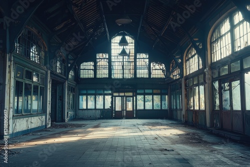 Abandoned train station interior slung derelict forsaken outcast photo