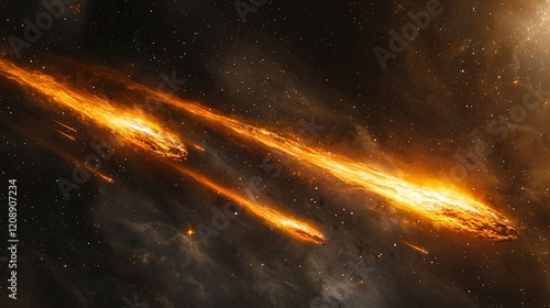Fiery meteor shower streaks across dark space.
