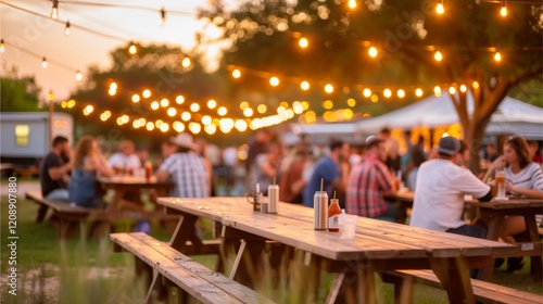 a gathering of friends and family enjoying a meal together at a rustic picnic table under a canopy of twinkling lights. This captures the essence of summer evenings with good company, food.