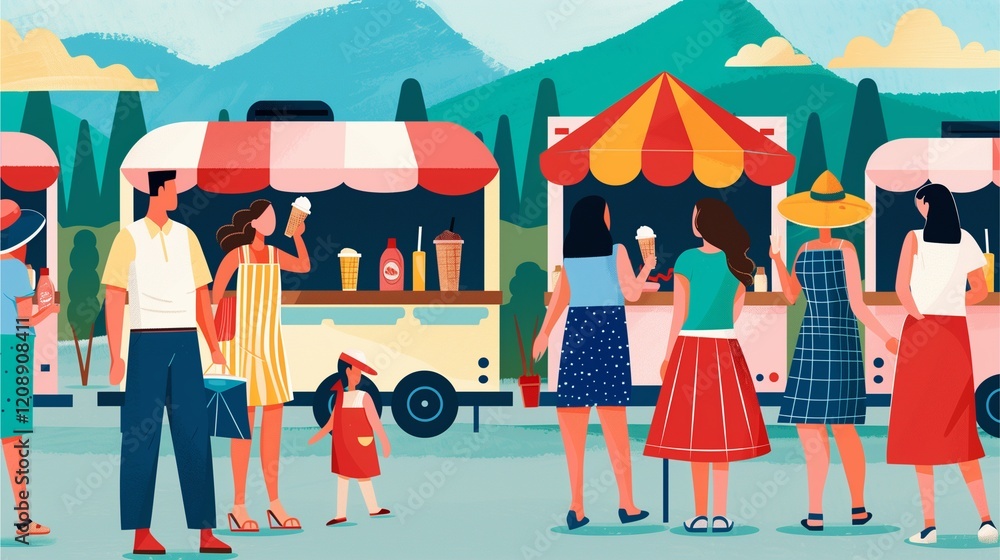 Naklejka premium a vibrant summer market bustling with activity. People are enjoying the sunshine and tasty treats at the many food stalls