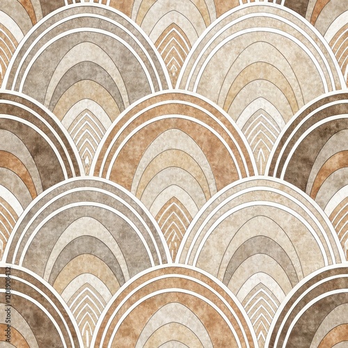 Abstract Beige and Brown Geometric Seamless Pattern Scallops Arc Design Repeating Texture for