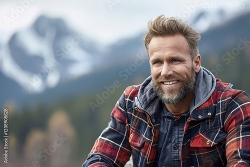 A smiling man with a beard, wearing a plaid jacket, poses outdoors with mountains in the background, capturing a sense of adventure and nature.