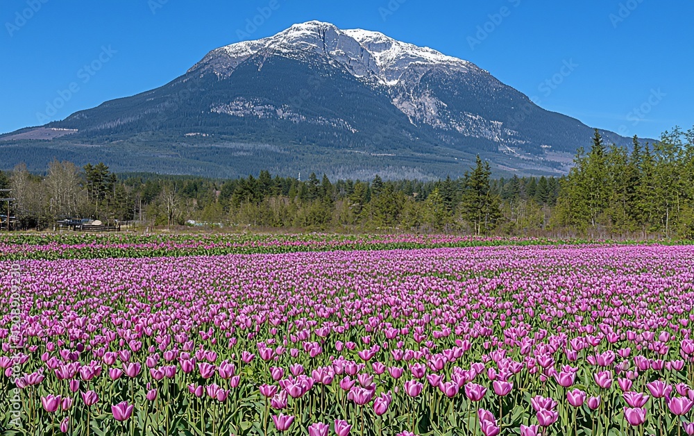 Majestic mountain view overlooking a vast purple tulip field in spring. Majestic mountain view overlooking a vast purple tulip field in spring.