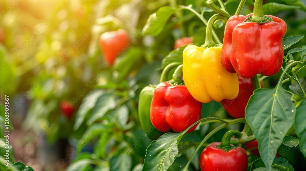 a close up of a pepper plant loaded with ripe red and yellow bell peppers. The peppers are hanging from the branches, bathed in warm sunlight. They are vibrant and colorful, ready to be harvested a close up of a pepper plant loaded with ripe red and yellow bell peppers. The peppers are hanging from the branches, bathed in warm sunlight. They are vibrant and colorful, ready to be harvested