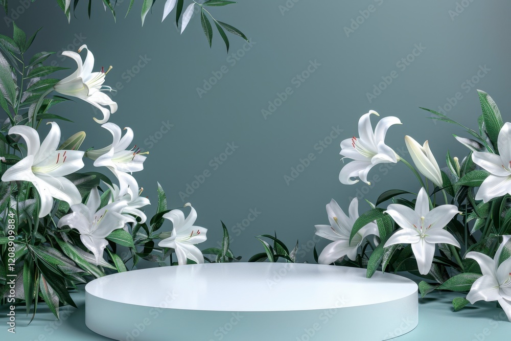 Elegant White Lilies on Minimalist Background with Display Platform