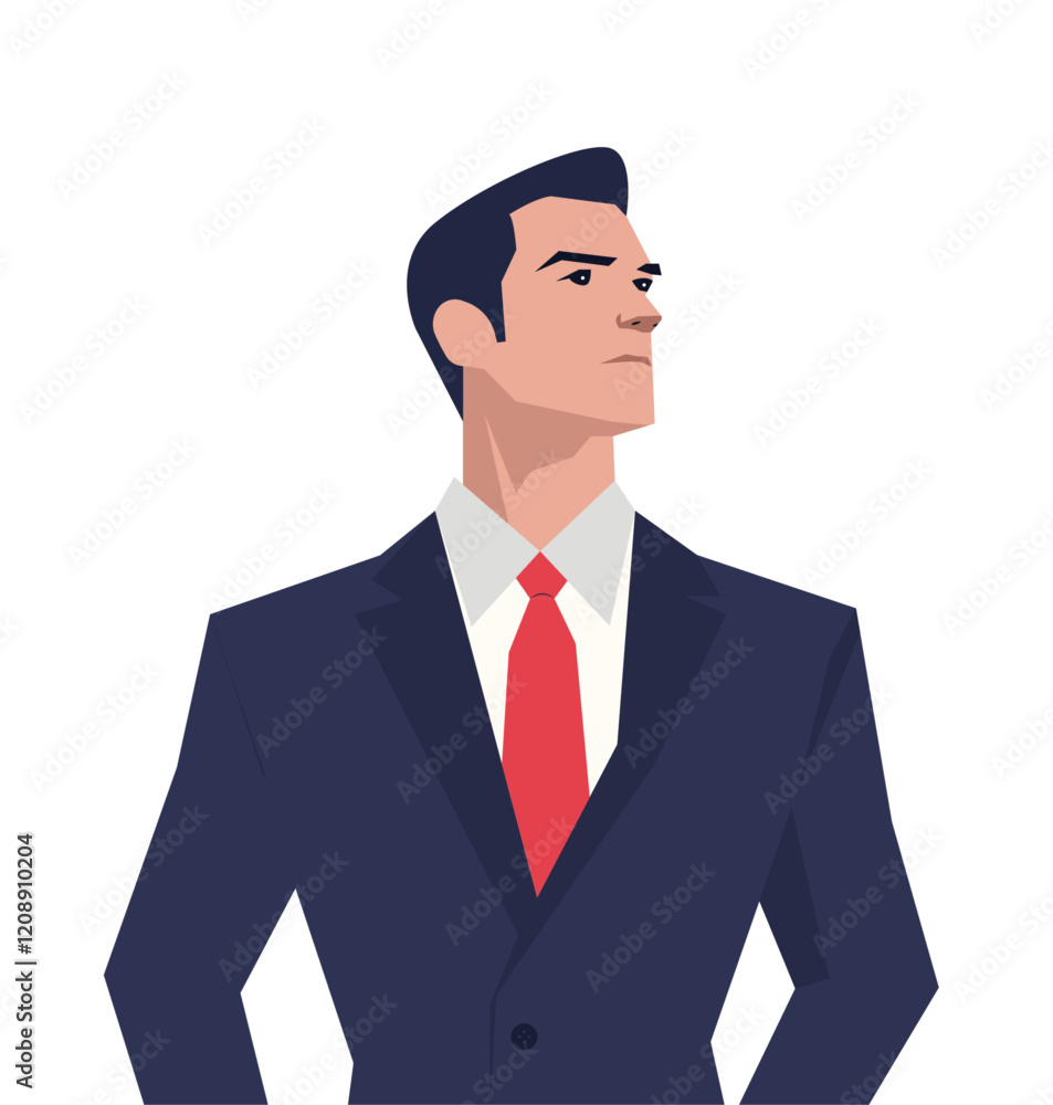 Confident business professional in a navy blue suit with a red tie, representing corporate culture, leadership, and professionalism Confident business professional in a navy blue suit with a red tie, representing corporate culture, leadership, and professionalism