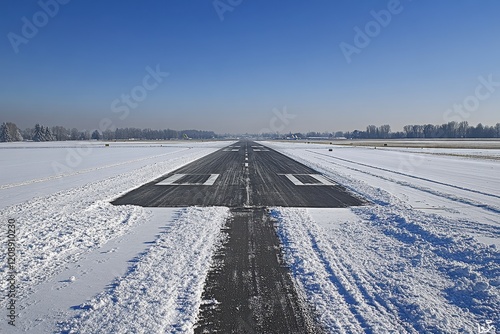 Snow-Covered Airport Runway Under Clear Blue Sky, Featuring Fresh Snow on Both Sides and a Hint of Winter Landscapes in the Background, Evoking Peaceful Travel Scenes