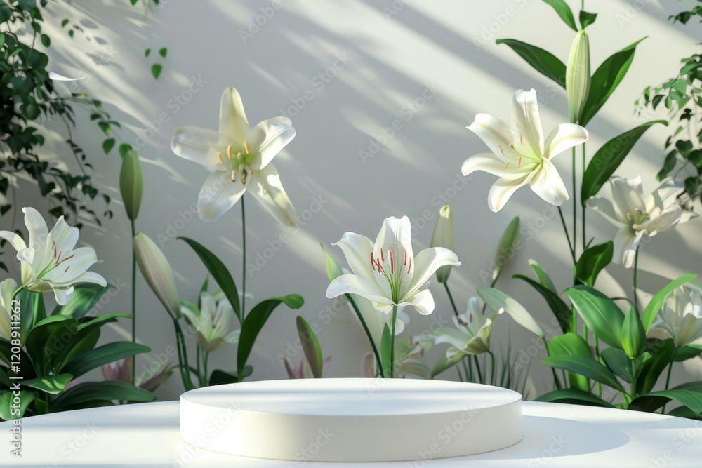 White Lilies on Display with Natural Light and Greenery Surrounding White Lilies on Display with Natural Light and Greenery Surrounding