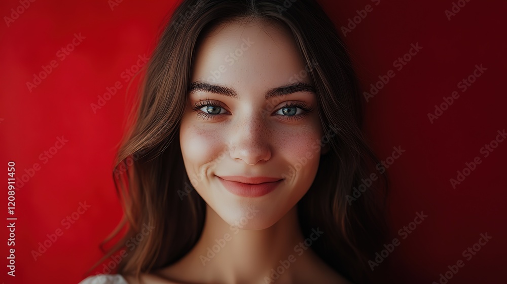 Obraz premium happy smiling woman face expression portrait in bright tone color, young Caucasian woman smiling 
