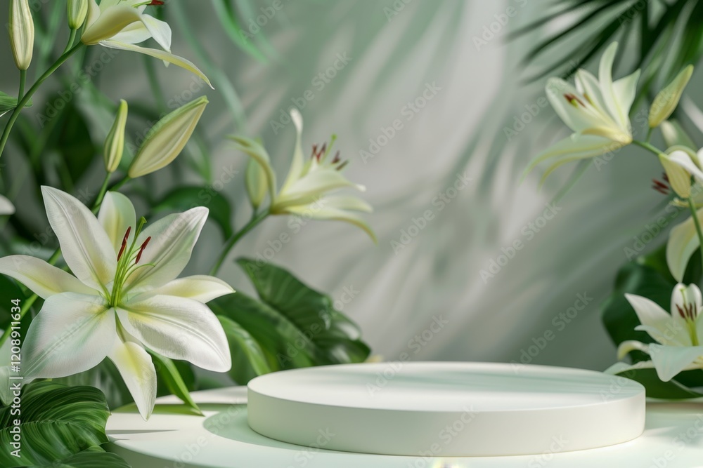 White Lilies and Green Leaves on Minimalist Circular Display Stand White Lilies and Green Leaves on Minimalist Circular Display Stand