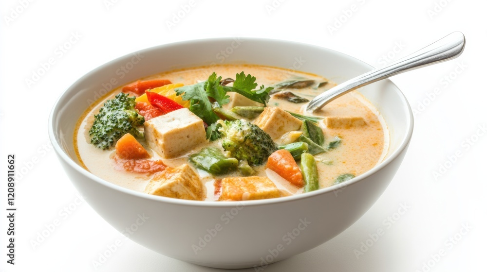 A bowl of creamy coconut curry soup with vegetables and tofu, Each spoonful filled with aromatic spices and velvety coconut milk A bowl of creamy coconut curry soup with vegetables and tofu, Each spoonful filled with aromatic spices and velvety coconut milk
