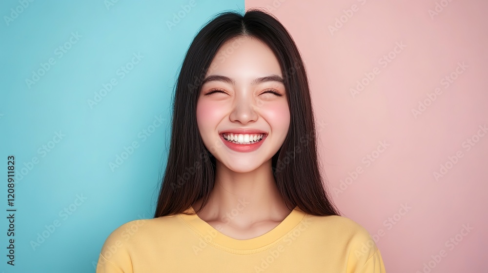happy smiling woman face expression portrait in bright tone color, Asian woman smiling with pink blue pastel background happy smiling woman face expression portrait in bright tone color, Asian woman smiling with pink blue pastel background