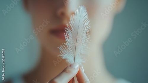 Close-Up View of Person Gently Holding a Feather in Soft Light photo